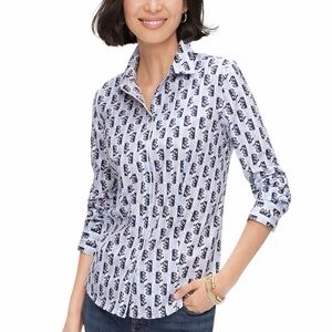 Talbots White Button-Down Shirt with Navy Nautical Anchor Geometric Print 6P